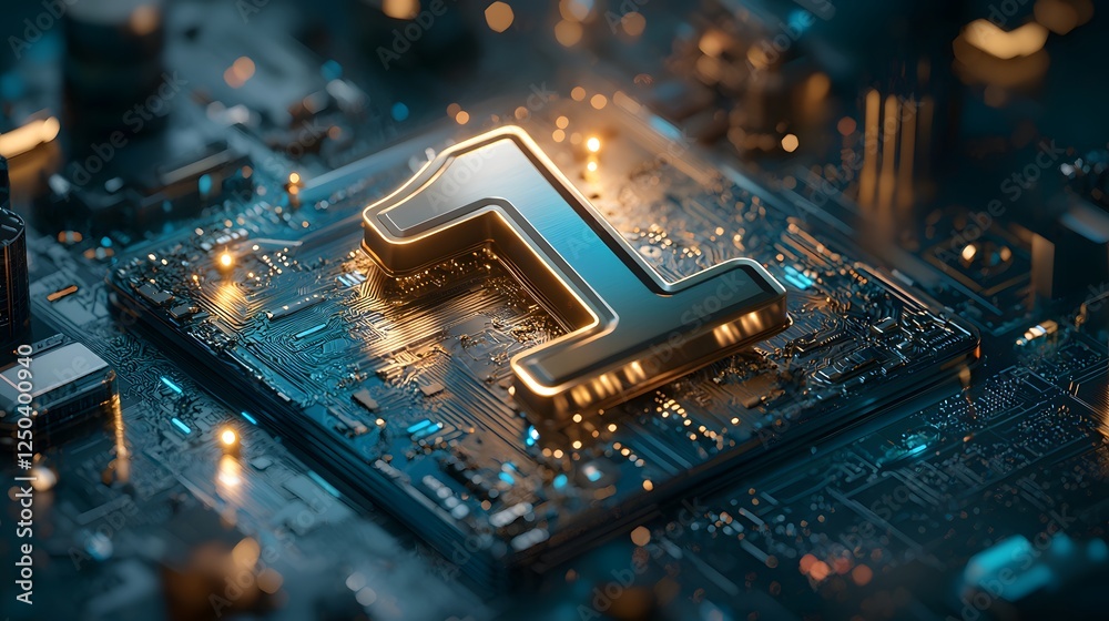 Poster closeup view of a complex high tech circuit board featuring an intricate microchip transistors and o