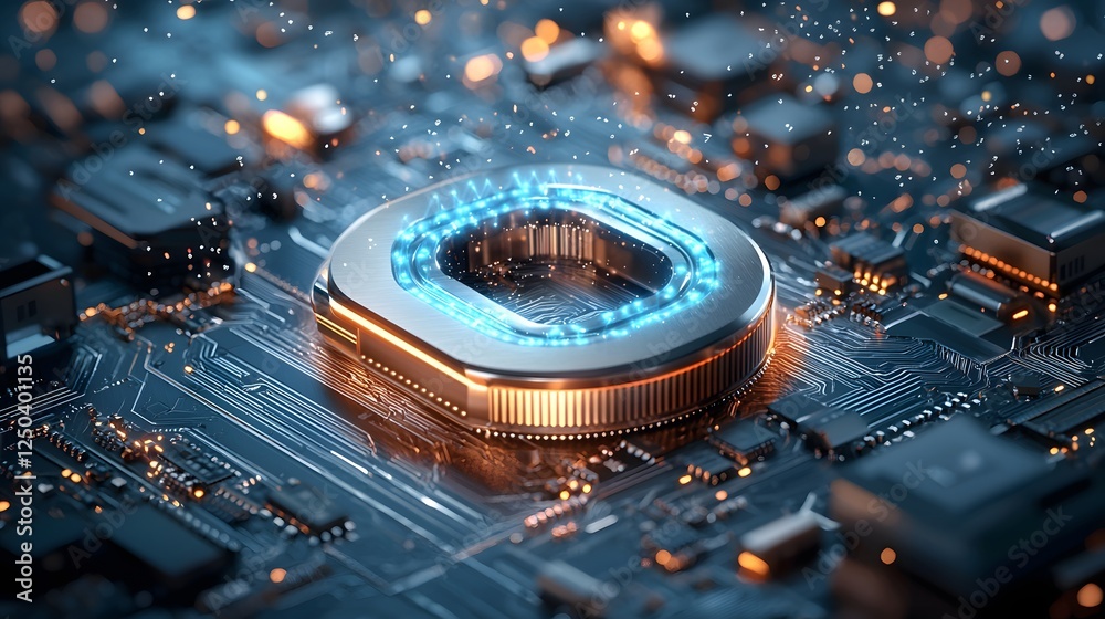 Poster closeup view of a highly advanced futuristic looking circuit board with glowing lights intricate pat