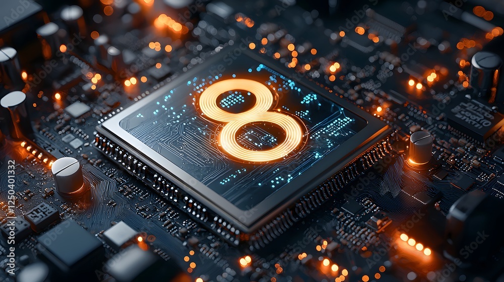 Poster close up view of a glowing microchip on a dark circuit board highlighting the intricate design and a