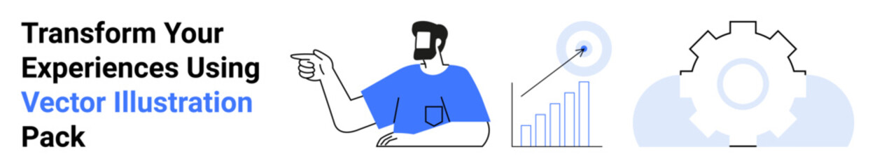 Person pointing, bar chart with target, and gear emphasizing strategy, analytics, and innovation. Ideal for business, growth, teamwork technology planning goals marketing. Flat landing page