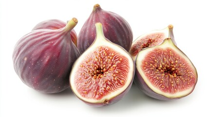 Fresh ripe figs displayed with juicy halves on white background