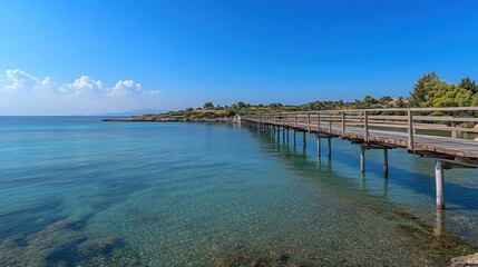 Fototapeta premium Wooden walkway over turquoise water, clear sky, idyllic scenery