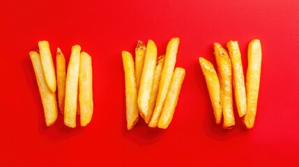 Crispy golden French fries arranged in three groups on a vibrant red background.