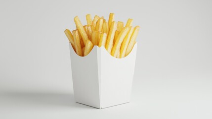A white container filled with golden, crispy French fries against a simple background.
