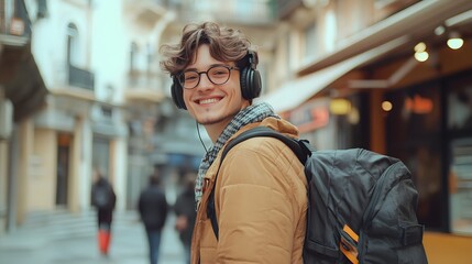 Smiling young man with headphones and backpack walking in the city