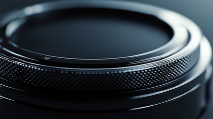 A close-up image of a camera lens with a textured ring, highlighting its glossy surface and intricate design in low light.