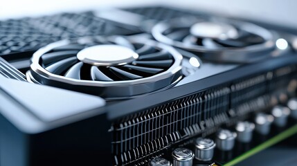 Close-up of a graphics card showcasing its dual fans and intricate design, highlighting the components used in modern computing.