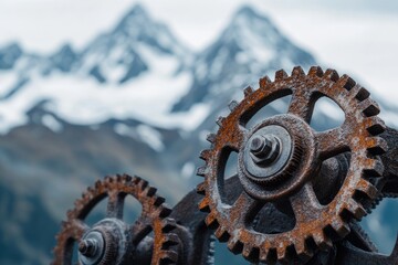Rusty gears, a testament to time, stand against a backdrop of snow-capped mountains, symbolizing resilience and enduring strength.