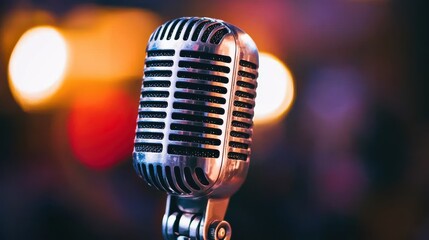 A vintage microphone stands against a blurred, colorful background, capturing the essence of music and performance.