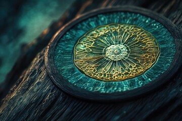 Intricate circular design, teal and gold, embedded in dark wood.  A detailed close-up.