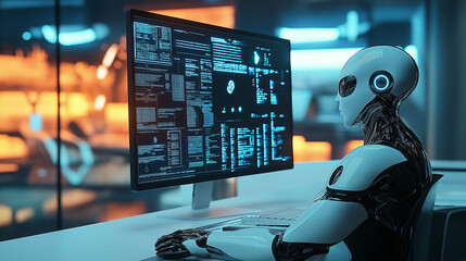 Futuristic artificial intelligence robot working as a data analyst or cybersecurity specialist in a high-tech office environment, surrounded by multiple computer screens displaying complex code
