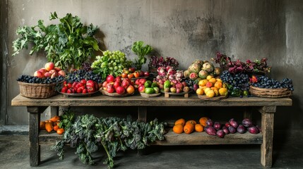 Fresh Organic Produce Displayed on Rustic Wooden Table in Natural Setting