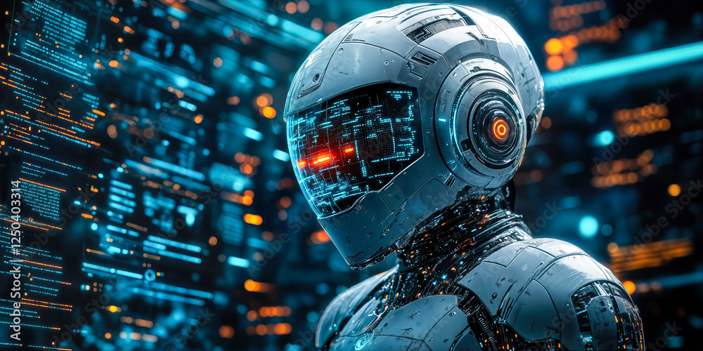 Poster advanced artificial intelligence robot in high-tech security control system environment