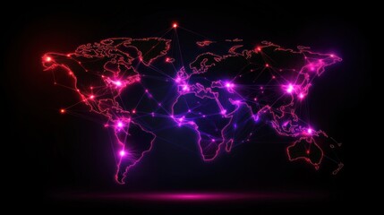 Abstract digital world map with glowing connections and vibrant colors on a dark background