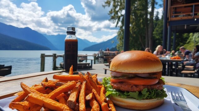 Burger and Sweet Potato Fries with a Scenic Lakeview Backdrop on a Sunny Day
