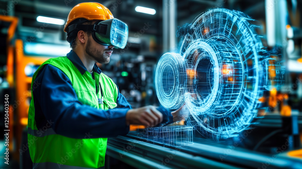 Poster engineer using augmented reality headset to visualize 3d holographic engine model in high tech manuf
