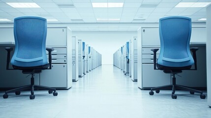 Empty Office Corridor With Blue Chairs