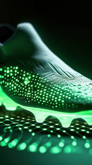 Futuristic glowing green soccer cleat with hexagonal light pattern for modern sport enthusiasts