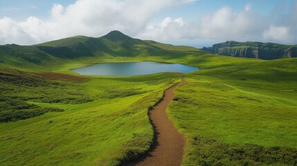 Fototapeta premium Volcanic Crater Lake, Hiking Trail, Green Hills, Peaceful Scenery, Outdoor