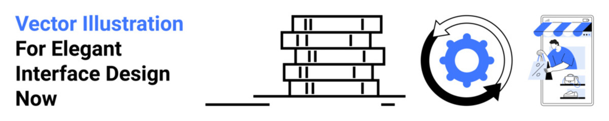 Horizontal stack of books alongside a gear in a circular arrow and a storefront icon. Ideal for learning, e-commerce, technology, automation, graphic design, education, digital services, flat landing