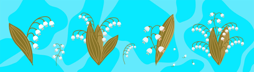 a group image of delicate lilies of the valley on a blue background.