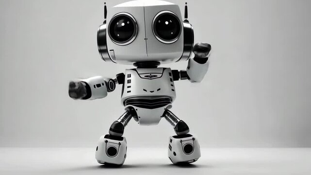 Playful funny cute robot chat bot dancing. Modern cheerful chatbot dance. AI support in technology service. Artificial intelligence assistant. Fun automatic cyborg machine helper. Computer mascot.