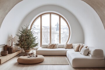 Minimalist modern living room with white walls, arched window, wooden floor, and a neutrally decorated Christmas tree.