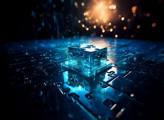 Naklejka premium A glowing component sits atop a circuit board, illuminated by blue light with bokeh effects and bright sparks in the background, representing technology.