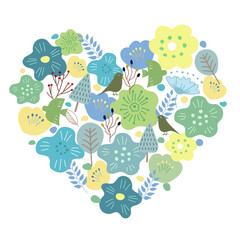 花や鳥の書かれた北欧風ハート模様のベクターイラスト	