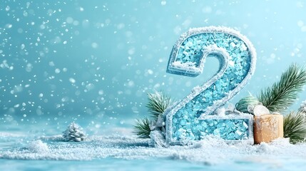 Sparkling Frozen Fir Branches and Glittering Number 2 in Snowy Scene on Turquoise Background  Festive December Winter Holiday Decor with Icy Crystals and Snowfall