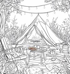 A coloring book page of a camping scene with tents, campfires, and natural elements. A tent is set up in the woods, surrounded by plants. In front, there is an open wooden table covered with blankets 