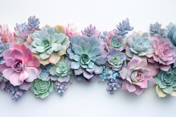 Pastel-colored succulents arranged in a horizontal row against a white background.