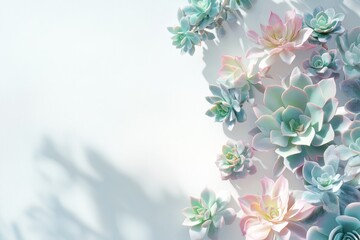 Pastel succulents arranged on a white background, casting delicate shadows.