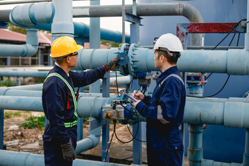 Plumbing engineers are rigorously inspecting the operation of the high-pressure water pumps to meet...