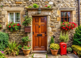 Charming English Cottage with Brown Wooden Door, Red Postbox & Garden
