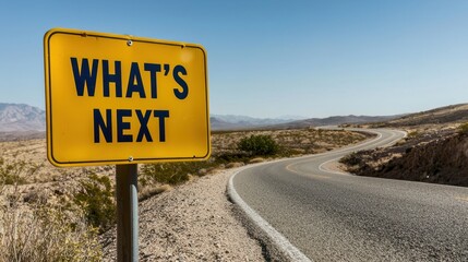 Desert road sign What's next? Winding road, mountains, future planning