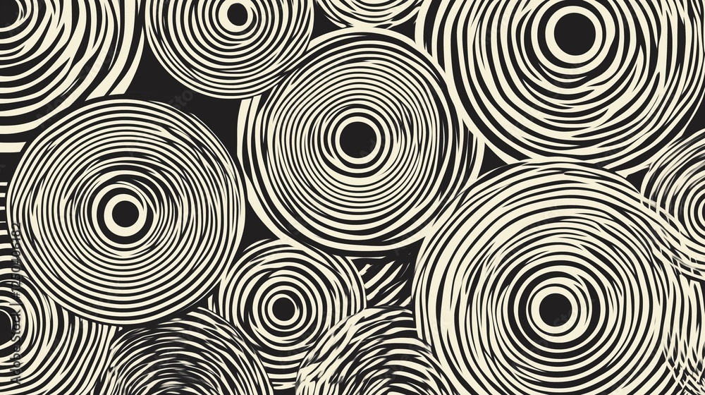Poster abstract black and white circles create a mesmerizing pattern of concentric shapes and spirals in a 