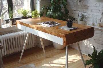 Scandinavian-style white and wood desk with one drawer, straight-line design, and white metal legs, placed in a home office within a living room.