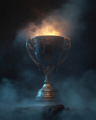 winning cup trophy with light and dust on a dark background, concept of success in business competition or sport championship