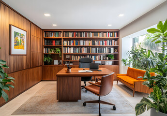 Fototapeta premium Modern home office with a white and wood color scheme, featuring an elegant desk setup, large bookshelves, a comfortable seating area, natural light, and green plants for a sense of tranquility. 