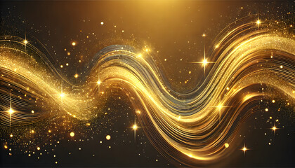 Abstract golden waves with radiant glowing accents and star-like sparkles, conveying luxury and artistic fluidity..