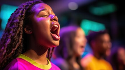 Young girl passionately singing in a vibrant performance with blurred singers in the background