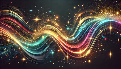 Abstract multicolored waves with radiant glowing accents, vibrant sparkles, and shimmering particles, showcasing dynamic artistic energy..