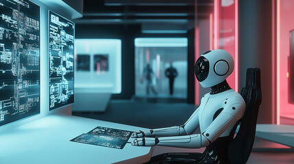 Futuristic artificial intelligence robot working as a data analyst or cybersecurity specialist in a high-tech office environment, surrounded by multiple computer screens displaying complex code