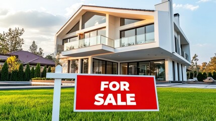 Fototapeta premium Modern luxury home with glass walls and a spacious balcony, featuring a red for sale sign in the front yard..