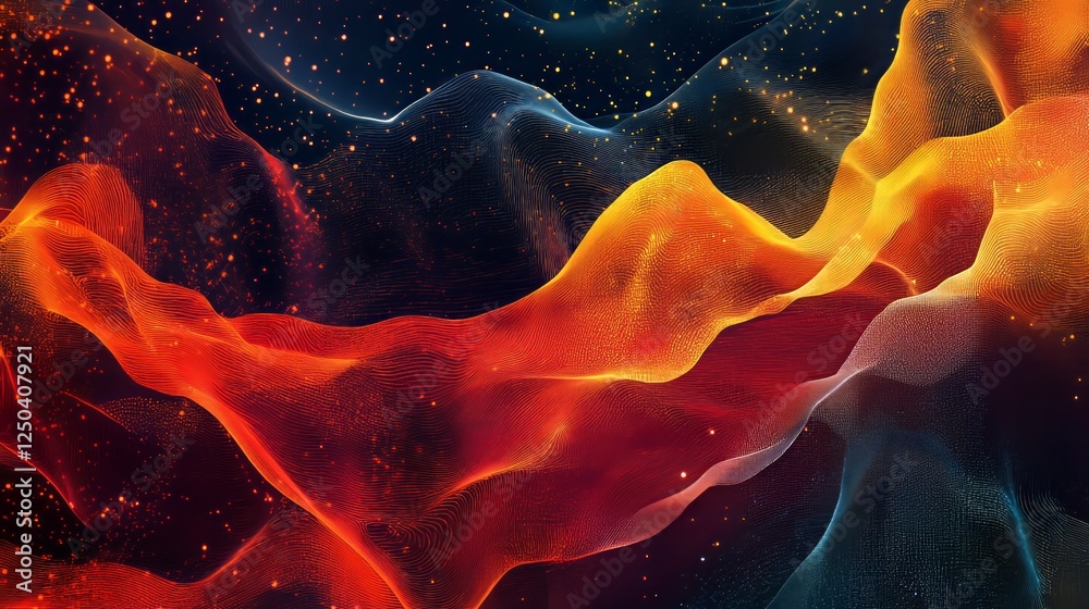 Poster colorful abstract waves create a dynamic visual experience in a dark background with sparkling detai