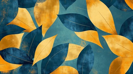 Colorful vibrant leaves in shades of blue and gold create a striking abstract background design