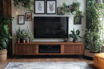 Modern walnut TV stand with slatted doors and black metal legs, featuring wall art frames, a black TV screen, potted plants, and a basket of photographs in a minimalist living room.