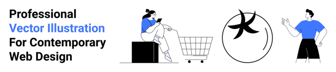 Woman shopping with cart, abstract logo, man gesturing in clean minimal style. Ideal for e-commerce, marketing, branding, social media, business concepts, digital products flat landing page banner