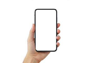 Hand holding smartphone, blank white screen, modern device, minimalist design, isolated on white background, close-up, sleek black frame, touchscreen display